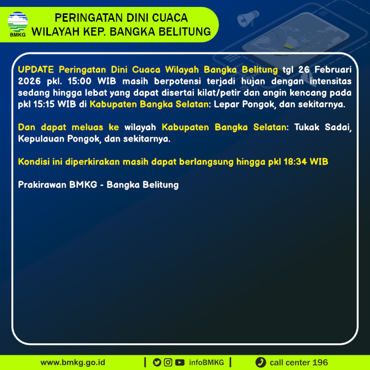 Detail UPDATE Peringatan Dini Cuaca Wilayah Bangka Belitung tgl 26 Februari 2026 pkl. 15:00
